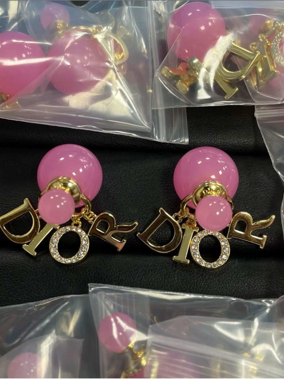 Pink Crystal CD Drop Earrings - Gold Letter Charm
